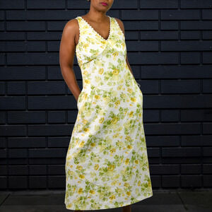 Laura Ashley Maxi Dress Yellow Floral Linen Blend Sheath Sleeveless Pockets 6
